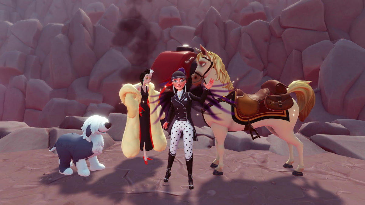 Standing with Cruella, Maximus, Max, and Cruella's car in disney dreamlight valley