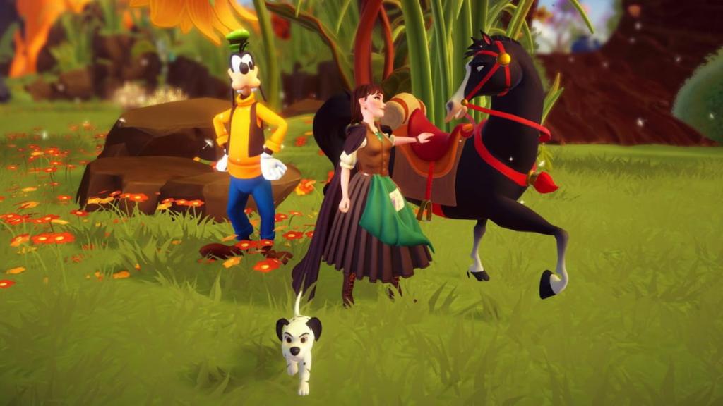 Standing with Goofy and Khan in disney dreamlight valley