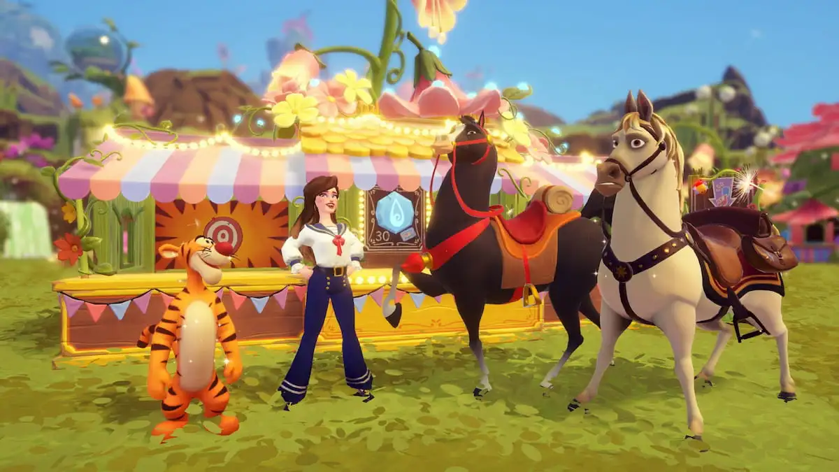 Standing in front of tigger's games with Tigger, Khan, and Maximus in disney dreamlight valley