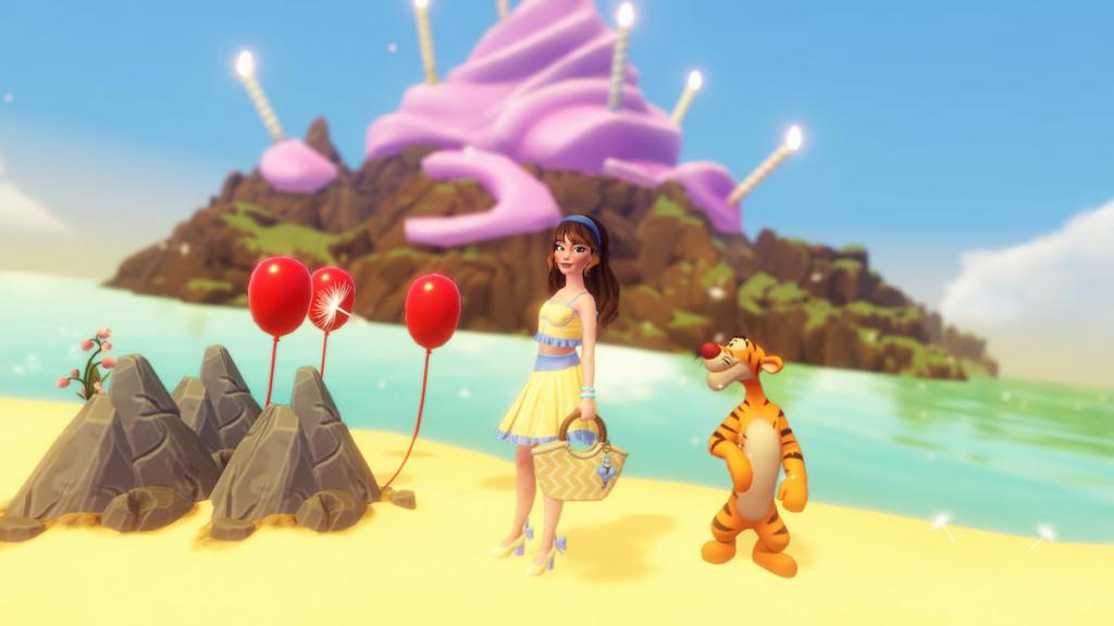 Standing with Tigger on shores next to red balloons in disney dreamlight valley