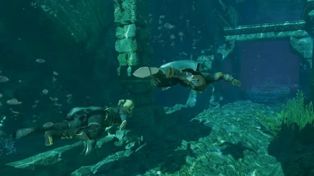 Two characters swimming in Enshrouded