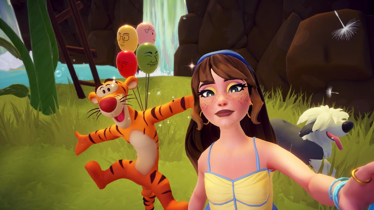Taking a picture with tigger and a balloon family in disney dreamlight valley