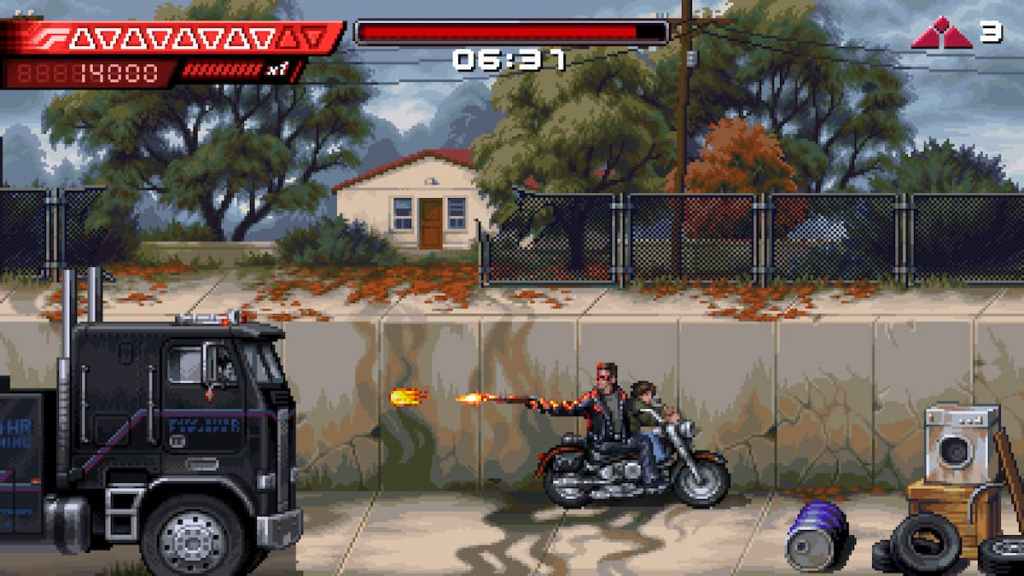 Two characters on a motorcycle shooting backwards in Terminator 2D: No Fate