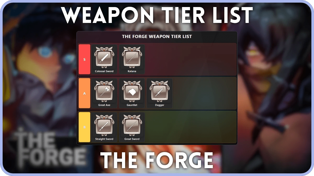 Preview of the weapon tier list for The Forge Roblox experience.