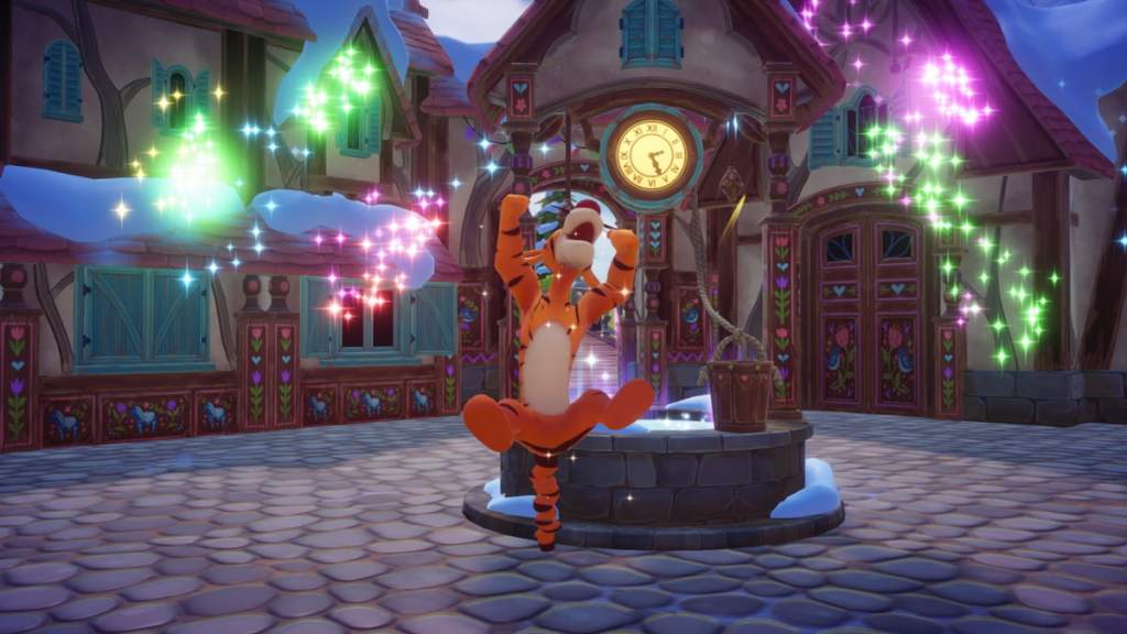 Tigger bouncing in front of a well and some fireworks in disney dreamlight valley