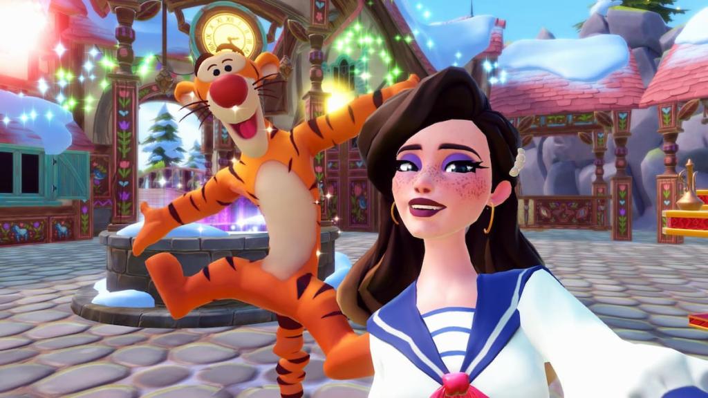 Taking a picture with Tigger in front of fireworks in Disney Dreamlight Valley