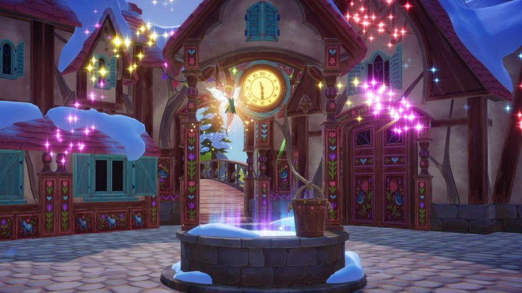 Tinker Bell arriving by wishing well in disney dreamlight valley