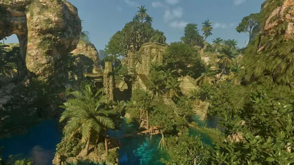 A temple-like area surrounded by water and trees in Enshrouded