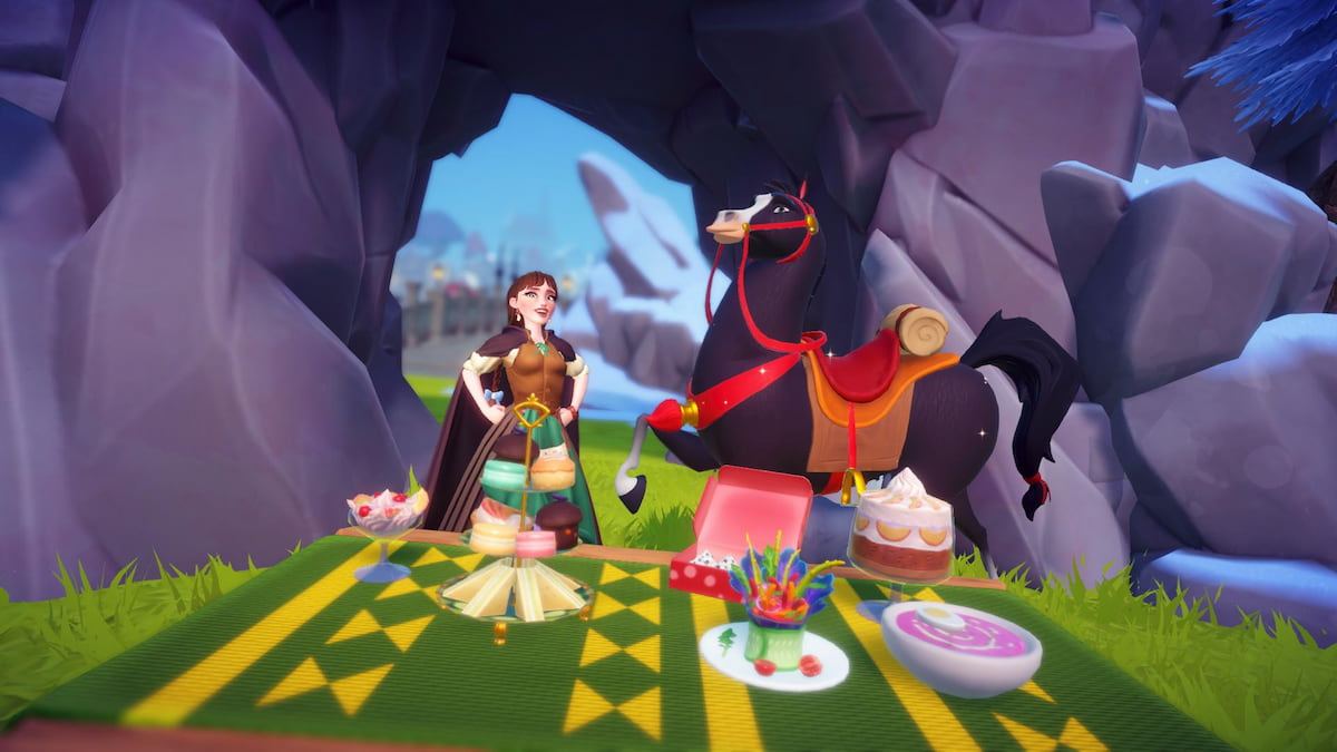 Posing with Khan by table with Wishblossom Ranch recipes in disney dreamlight valley