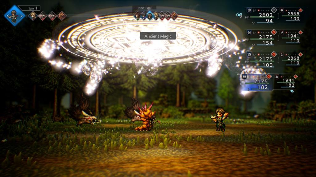Alexia uses her Ultimate Technique in Octopath Traveler 0, summoning a giant white circle above her head and raining down destruction.