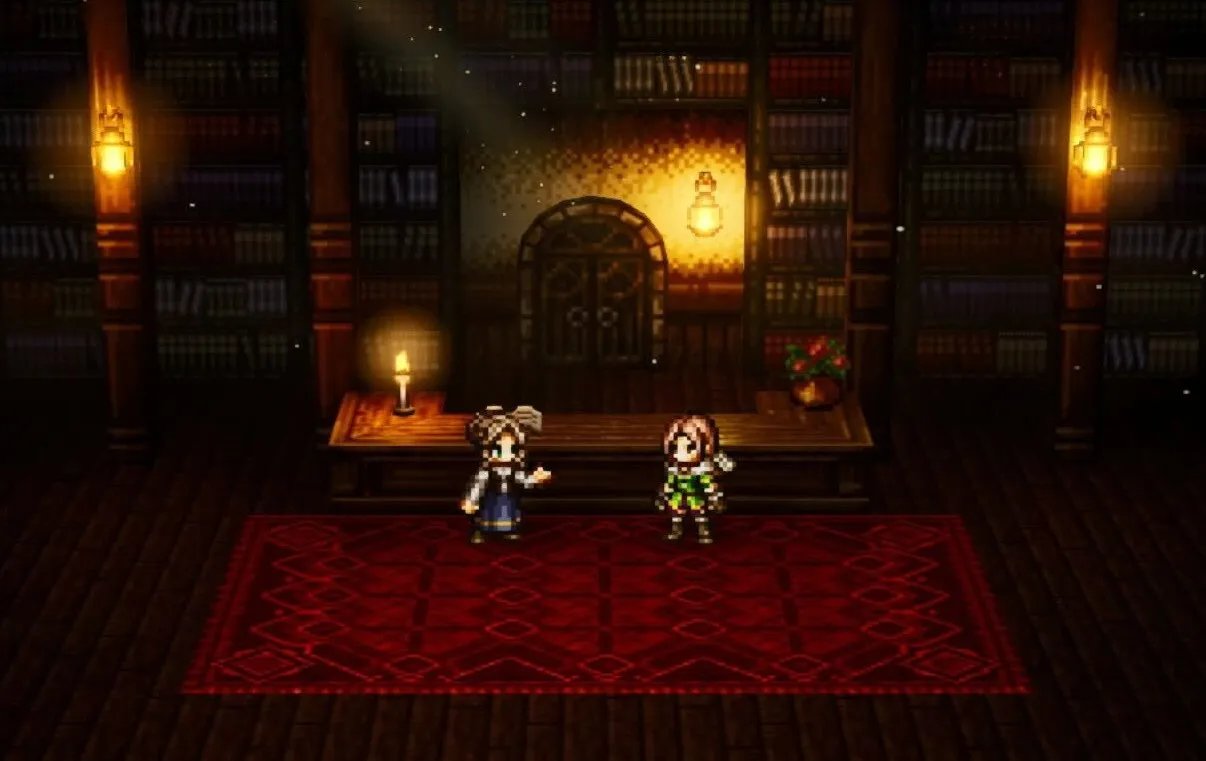 Two female characters from Octopath Traveler 0 stand in front of a long wooden desk in a library.