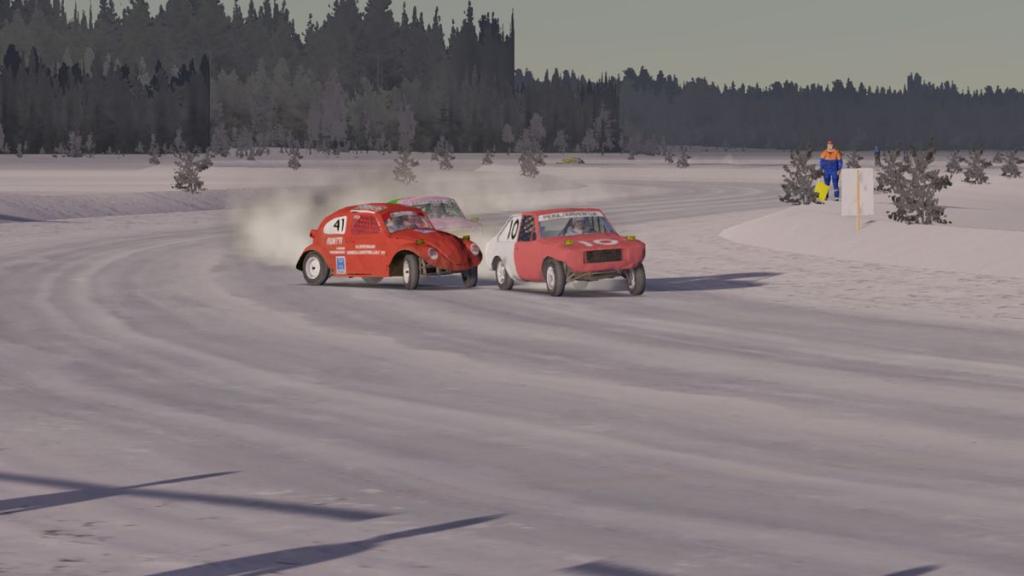 Cars racing around a corner in My Winter Car.