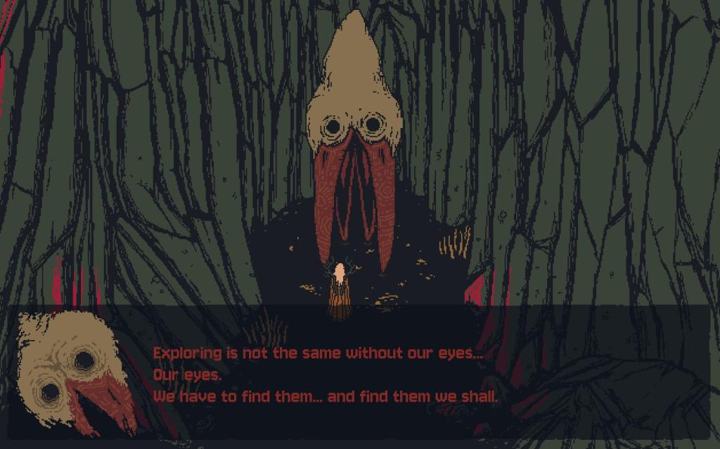 A screenshot from Death Howl, showing a two-headed bird's head with a long beak and dark eye sockets.