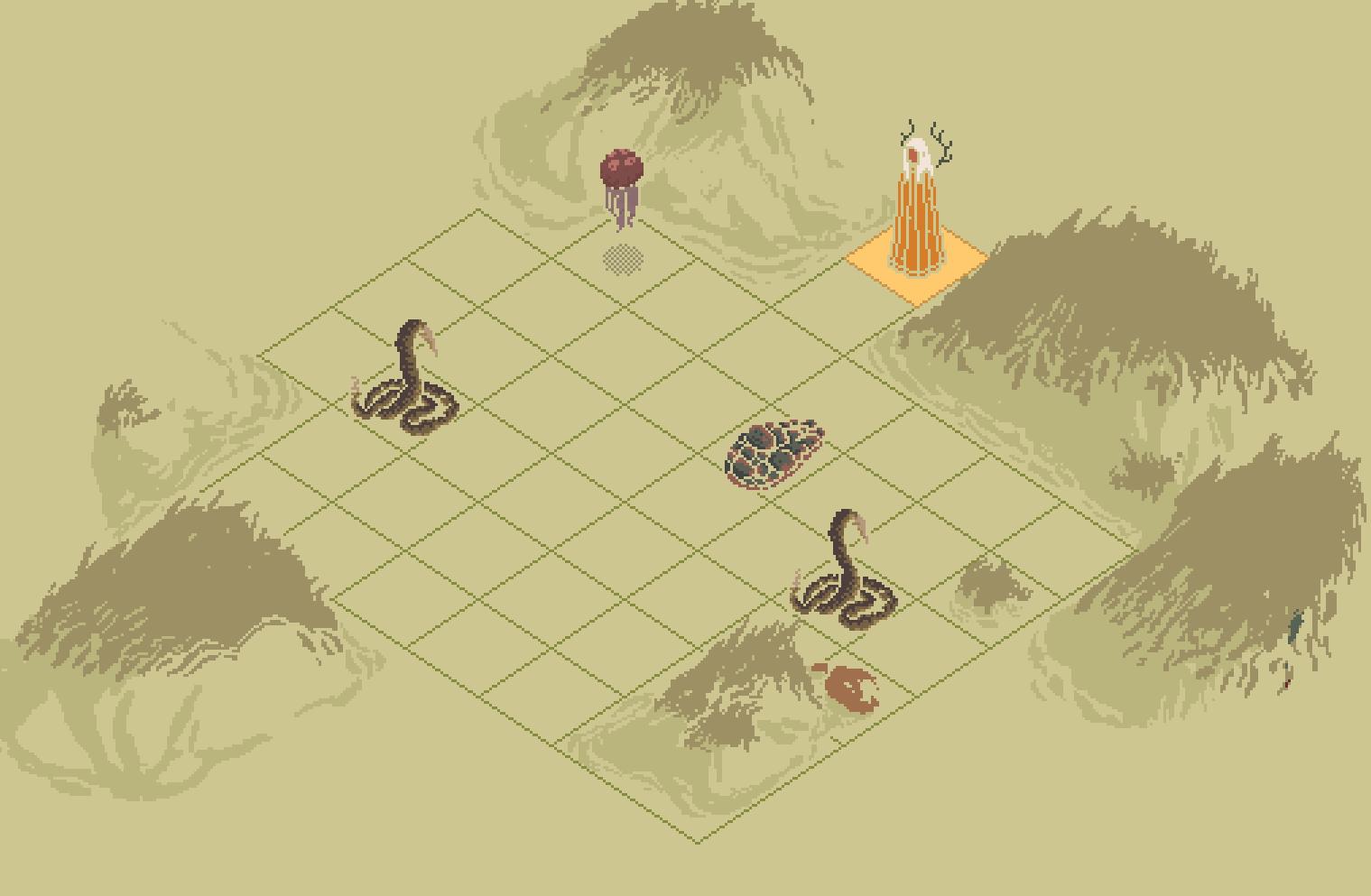 A grid battlefield with a woman in an orange cloak and blonde hair standing on one end of the tiles. Two snakes, a jellyfish, and a clam are dispersed across the other tiles.