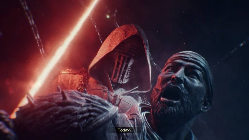 Dredgen Bale wields a Lightsaber at the Drifter in a vision in Destiny 2's Renegades campaign.