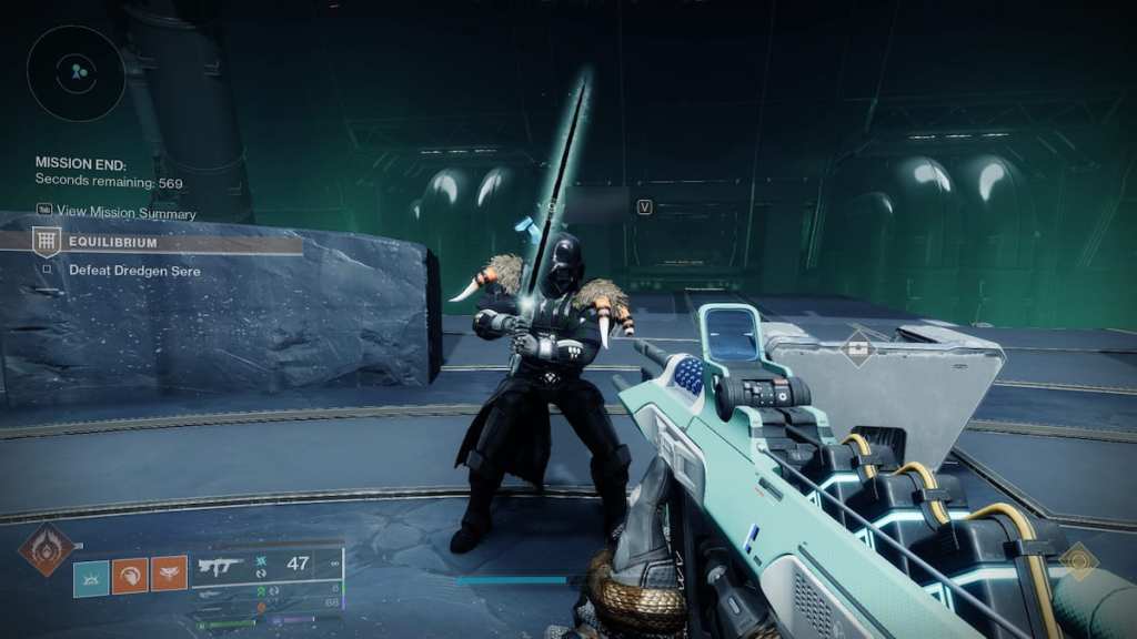 A guardian dressed as Darth Vader wields a Praxic Blade with the Taken Crystal.