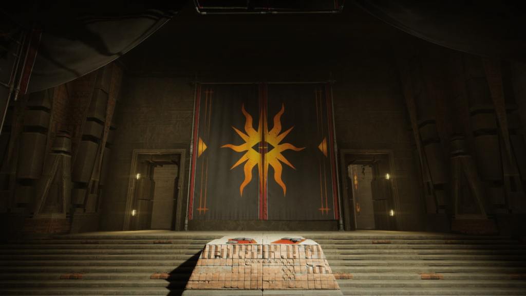 The inside of the Praxic Temple in Equilibrium, seen with a sigil on a wall.