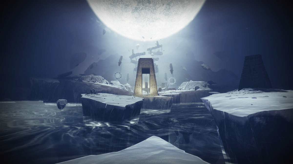 An island with a gate on it in Destiny 2's Fire and Ice. A Pendulum is visible in the distance.