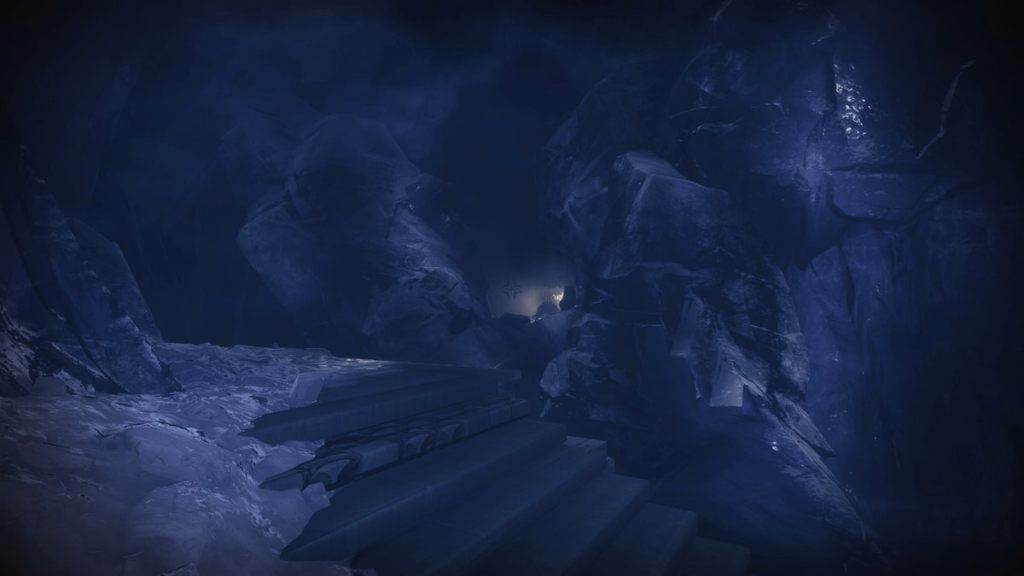 A disappearing wall below a glacier in Fire and Ice in Destiny 2.
