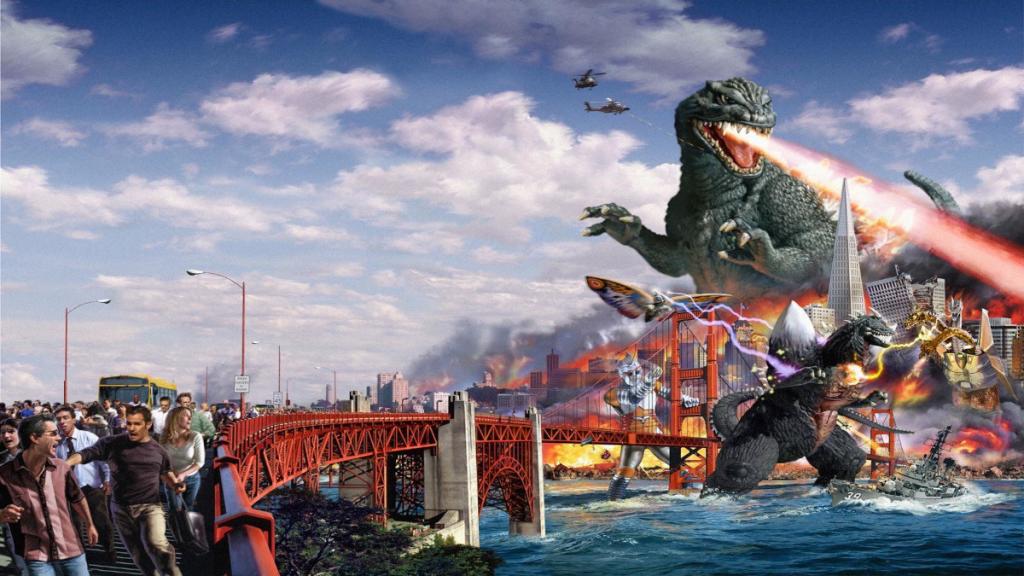 Wallpaper from Godzilla: Save the Earth, featuring Godzilla, Mothra, Jet Jaguar Mecha King Ghidorah, and SpaceGodzilla