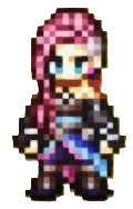 Heidne, a pink-haired woman with a sideshave and one shoulder showing from her dark tunic.