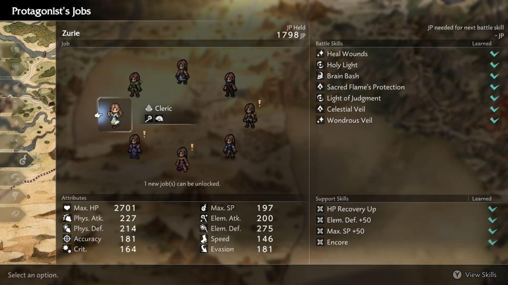 A screenshot showing the Protagonist Job screen and all eight classes the player can choose.