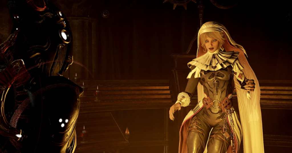 A player with Nekros stands in front of Marie in Warframe.