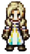 A woman with blonde long hair and a white and blue cleric's dress.