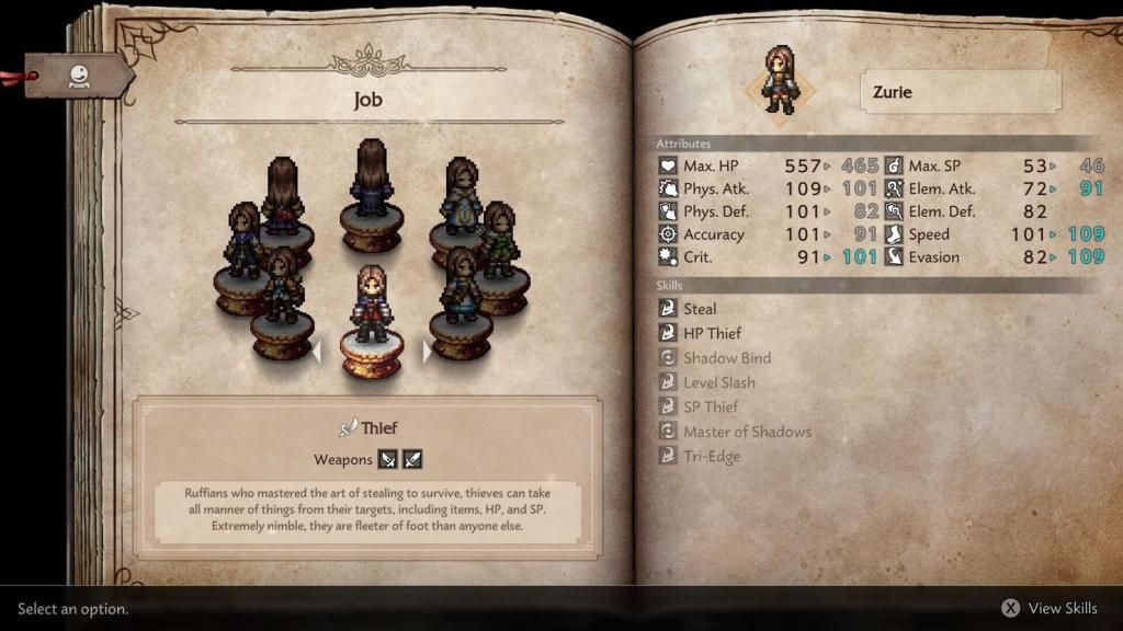 A screenshot from Octopath Traveler showing a menu screen in the form of a book where the player picks their class. The Thief class is selected, and there's stats to coincide with the class.