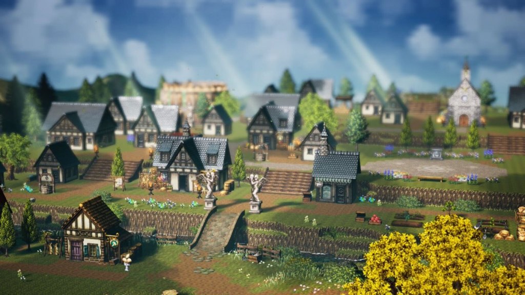 Wishvale, featuring many houses, a stone bridge, two stone statues, and rays of sunshine shining down.