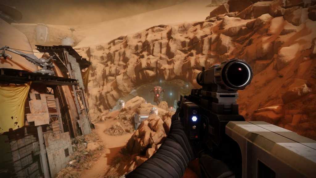 A guardian stares down a Behemoth vehicle with a Voltaic Shade equipped