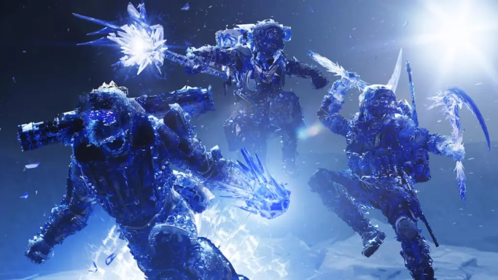 A Hunter, a Warlock, and a Titan using their Stasis supers in Destiny 2.