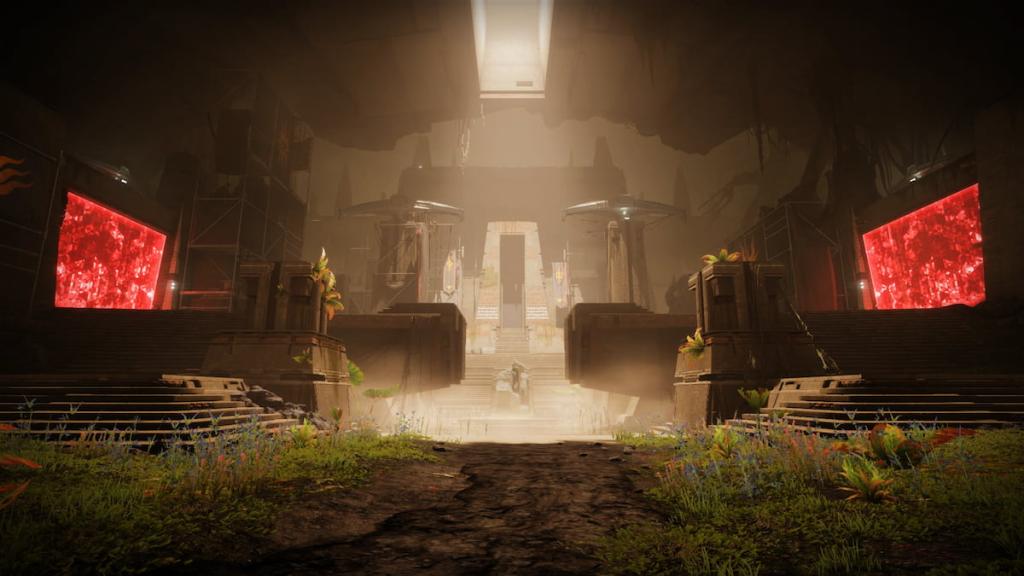 The courtyard of the Praxic Temple in the Equilibrium dungeon in Destiny 2.