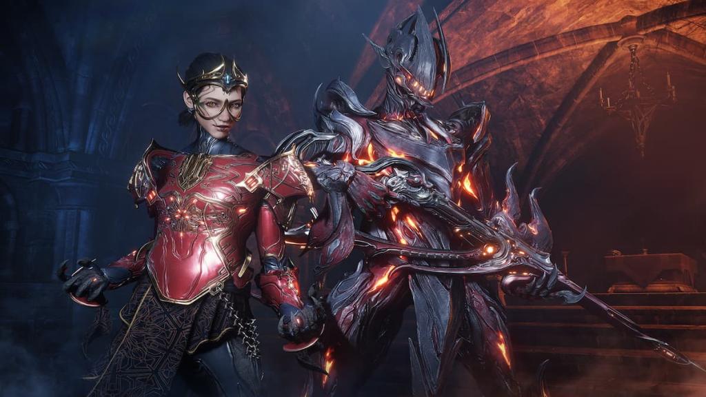 Uriel carrying a Vinquibus with a Tenno alongside him in promotional art for Warframe.