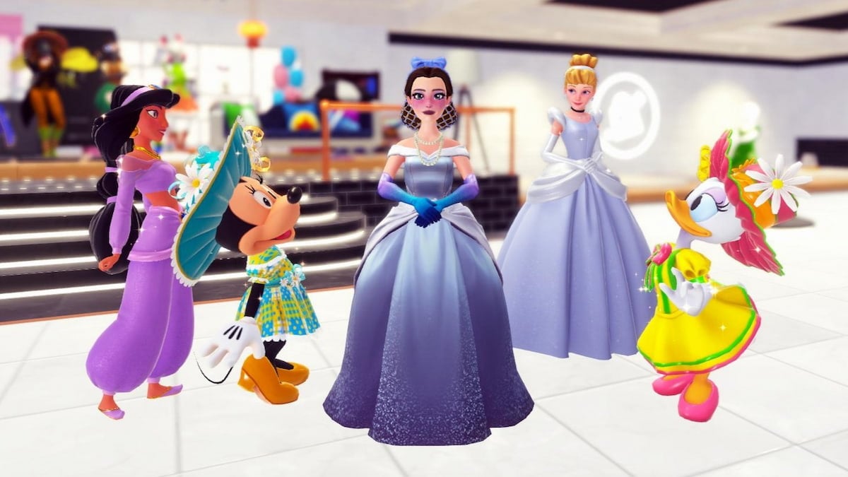Standing in daisy's boutique with cinderella, minnie mouse, jasmine, and daisy in disney dreamlight valley