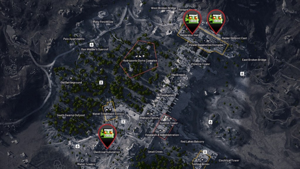 Partial 3D render of the Dam Battlegrounds map in ARC Raiders with several locations marked with pins.