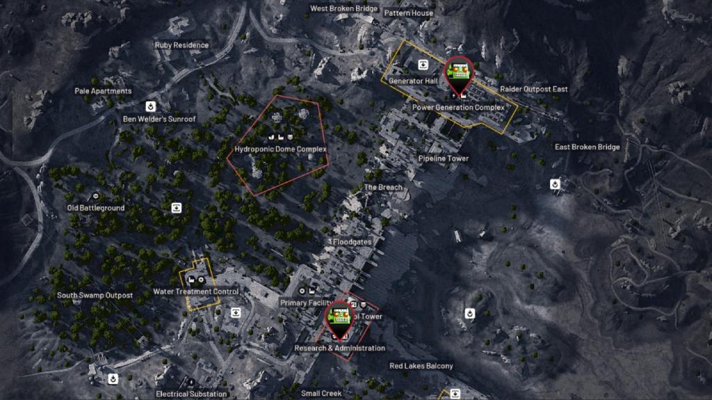 Map pins placed on several locations on Dam Battlegrounds in ARC Raiders. 