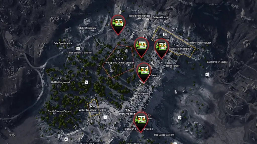 Locations of Sentinel Fire Cores on Dam Battlefields in ARC Raiders. 