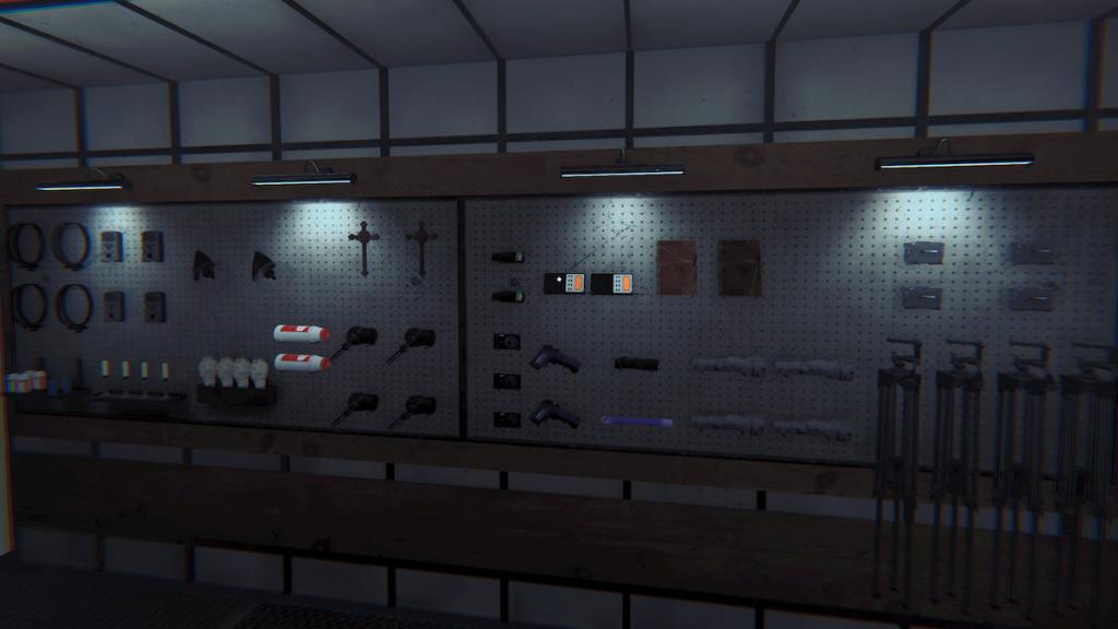 Challenge equipment hung on the wall in Phasmophobia.