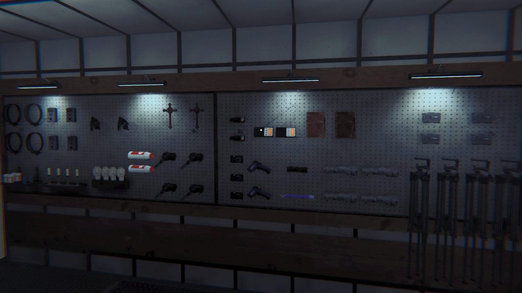 All Deja Vu challenge equipment hung on wall in Phasmophobia