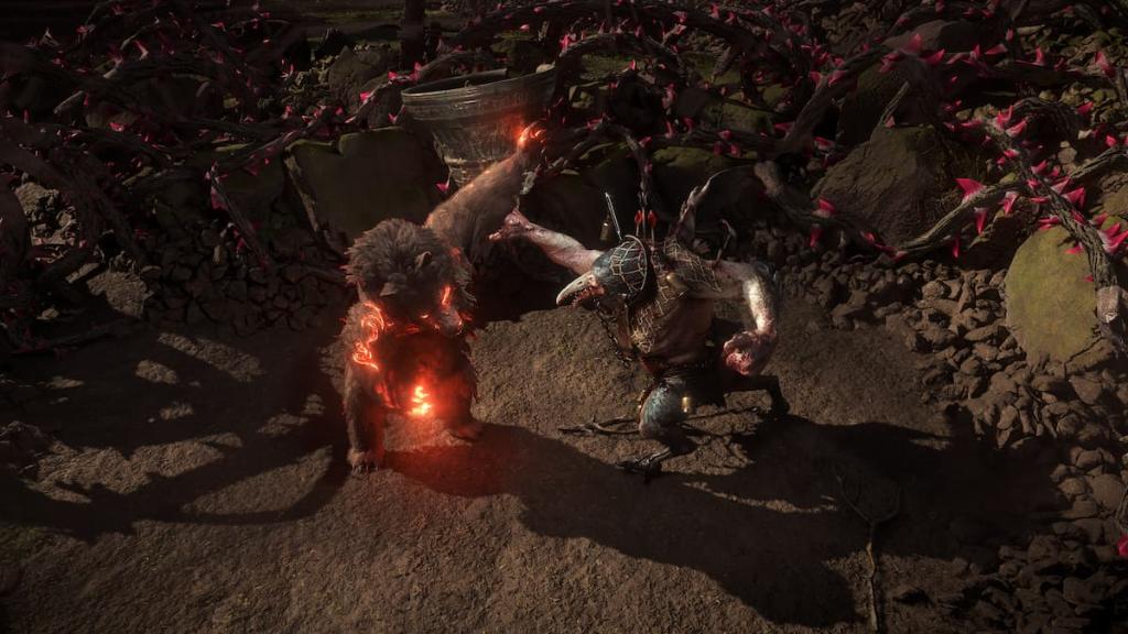 The Druid shapeshifted into a Bear fighting a strange hybrid monster in Path of Exile 2.