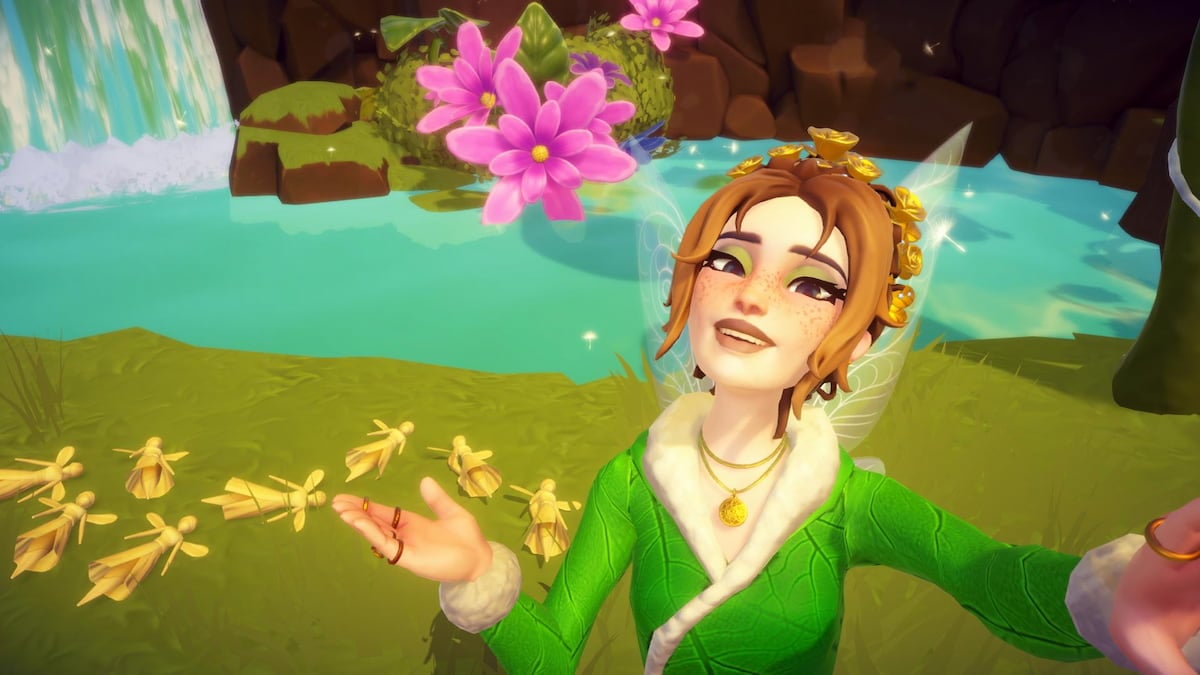 Player dressed as fairy holding out hand under Fairy Kamut on ground in disney dreamlight valley