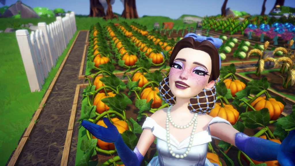 Taking picture with field of pumpkins in disney dreamlight valley
