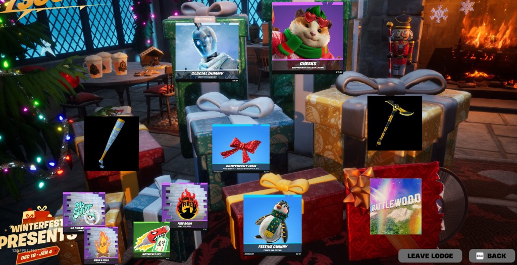 Winterfest gifts on the left side of the room.
