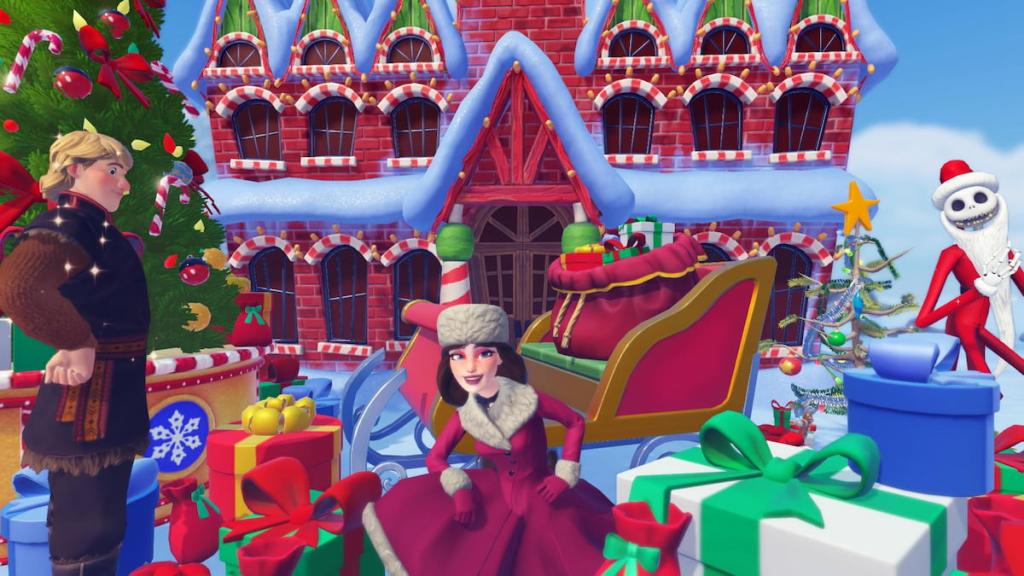 Kneeling surrounded by gift boxes in disney dreamlight valley