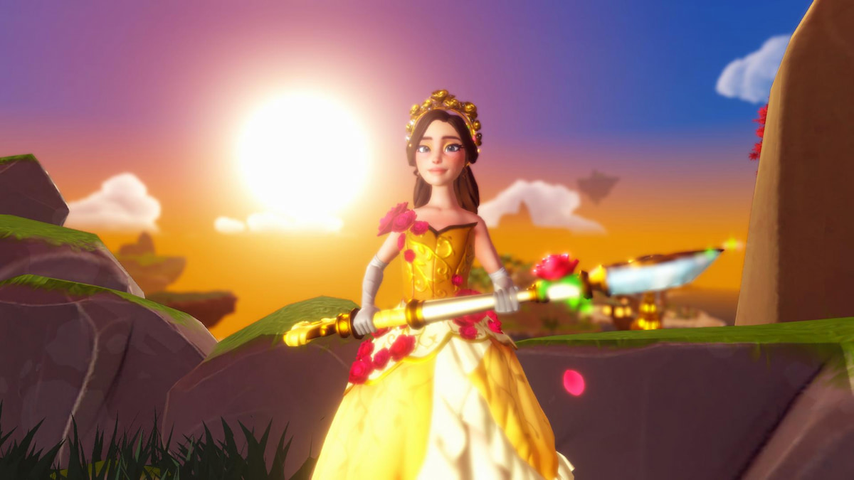 Holding a shovel while standing in front of a sunset in disney dreamlight valley