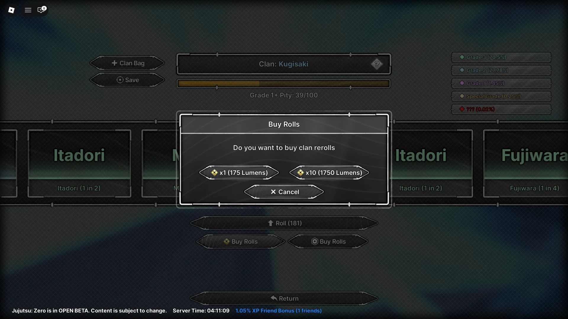 Buying clan rerolls using Lumen in Jujutsu Zero.
