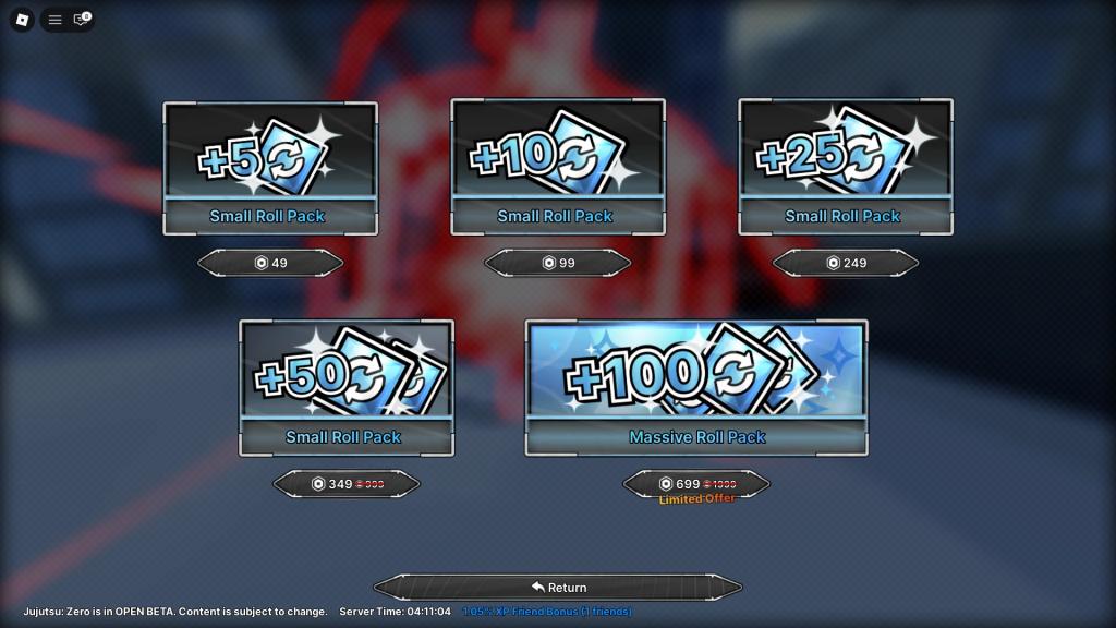 A player buying clan rerolls using Robux in Jujutsu Zero Roblox experience.