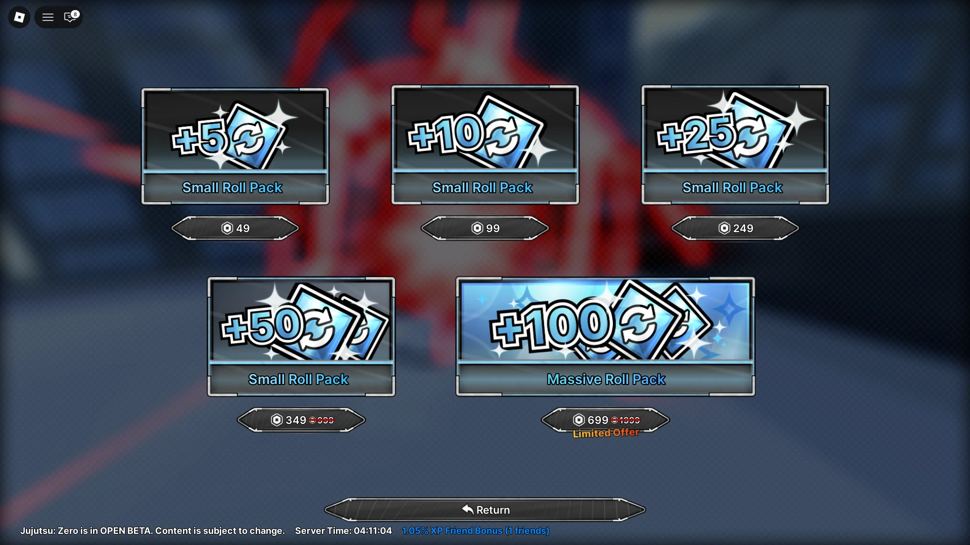 Buying clan rerolls using Robux in Jujutsu Zero.