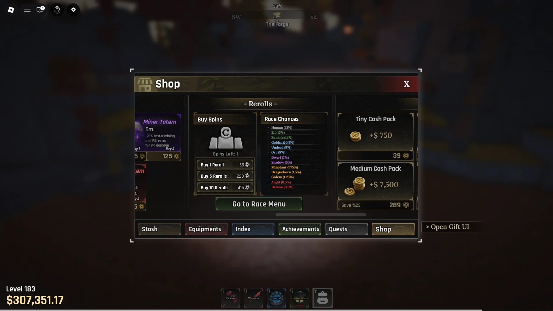 Preview of the in-game Robux Shop in which one can buy race rerolls in the Forge Roblox experience.